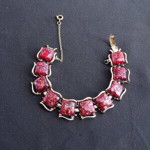 Vintage Coro Red Lucite Confetti GoldTone Bracelet 7"